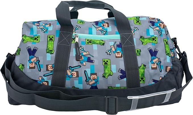 Minecraft Duffle Bag, 16 inch Travel Sleepover Weekender Bag for Girls & Boys, Green/Gray