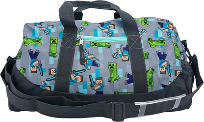 Minecraft Duffle Bag, 16 inch Travel Sleepover Weekender Bag for Girls & Boys, Green/Gray