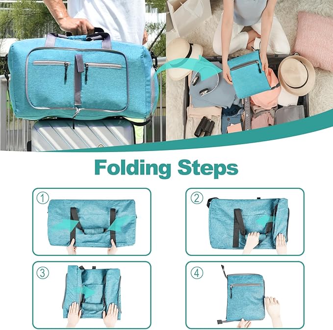 Dimayar 65L Travel Duffle Bag for Men Women - Foldable Duffel Bag with Shoes Compartment - Overnight Bags Waterproof & Tear Resistant(Mint Green)