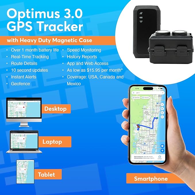 Optimus 3.0 GPS Tracker - Over 1 Month Battery - with Heavy Duty Waterproof Case and Powerful Magnets for Vehicles and Assets