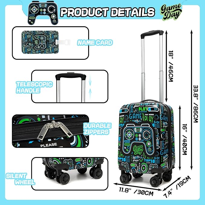 Kid’s Luggage Set 5 Piece Suitcase Set 16’’ Hardside Luggage with Spinner Wheels Girls Boys Carry on Luggage Travel Rolling Luggage Airline Approved