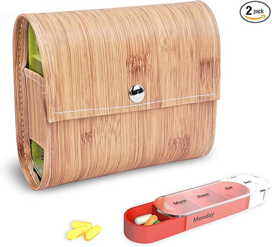 Pill Organizer,LIZIMANDU Weekly Travel Pill Case Box Medication Reminder Daily AM PM, Day Night 7 Compartments,for 4 Times A Day, 7 Days a Week-Includes Leather PU Carrying Case(1-Wood-Beige)