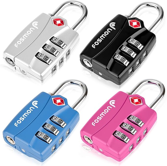 Fosmon TSA Approved Locks for Luggage. Suitcase Locks with Open Alert Indicator, 3 Digit Combination Padlock with Alloy Body for Travel, Backpack Zipper Anti Theft, Locker, Gym, Gun Case, Tent- 4 Pack