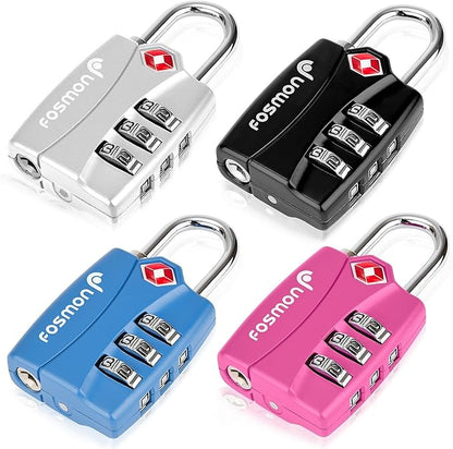 Fosmon TSA Approved Locks for Luggage. Suitcase Locks with Open Alert Indicator, 3 Digit Combination Padlock with Alloy Body for Travel, Backpack Zipper Anti Theft, Locker, Gym, Gun Case, Tent- 4 Pack