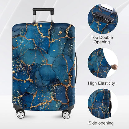 FOREVER QUEEN Blue Gold Luxury Marble Luggage Cover Suitcase Protector Suitcase Cover Anti-Scratch,Stretchable Bag Cover Washable Durable Polyester