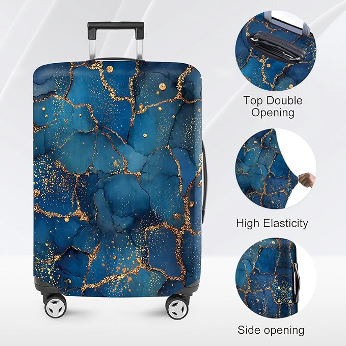 FOREVER QUEEN Blue Gold Luxury Marble Luggage Cover Suitcase Protector Suitcase Cover Anti-Scratch,Stretchable Bag Cover Washable Durable Polyester