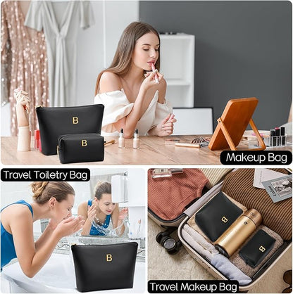 Women Gifts | Initial Makeup Bag Set for Girl Personalized Gifts for Bridesmaid Friend Graduation Teachers PU Leather Cosmetic Travel Toiletry Bag(Black,B)