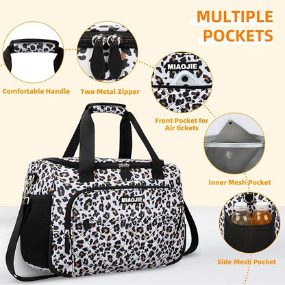 Travel Duffle Bag for Women, Underseat Carry On luggage Bag Foldable Overnight Weekender Hospital Bag Lightweight Airplanes Personal Item Travel Tote Bag for Women Birthday Gifts, 16IN Leopard Print