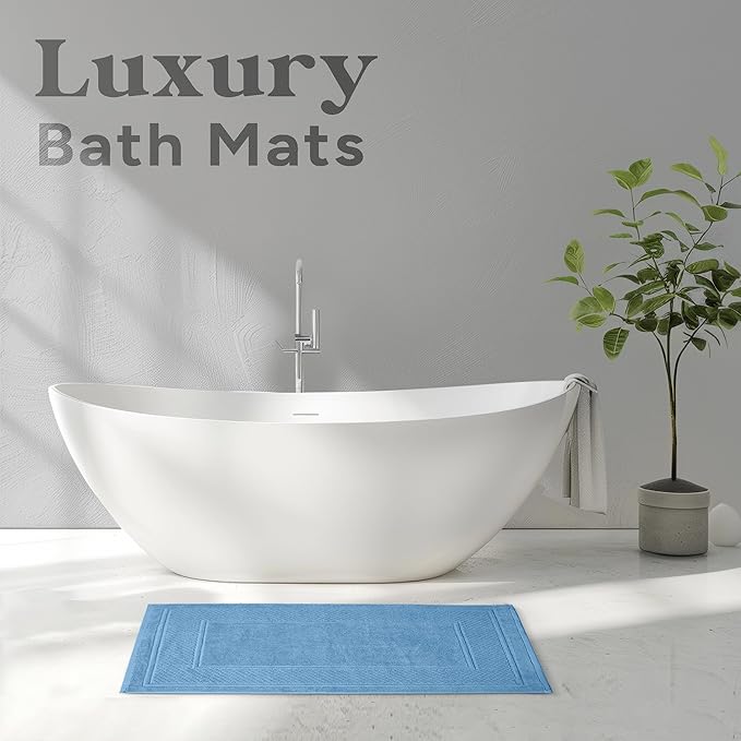 Avalon Towels Light Blue Bath Mat - 100% Cotton Set of 2 Absorbent Bathmat - Bathroom Mats Quick Dry Bath Mats for Bathrooms (22x34 Inches)