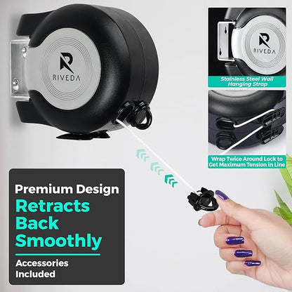 RIVEDA Dual Retractable Clothesline 43 ft Each Line with 24 Clothes Pins - Heavy Duty Clothes Line Indoor & Outdoor Laundry Line -Double Clothing line - Easy Installation (Black)