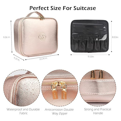 MOMIRA Travel Makeup Bag Cosmetic Bag Makeup Organizer Bag with Lighted Mirror, Adjustable Brightness in 3 Color Scenarios, Waterproof Makeup Train Case, Gift for Women - Champagne