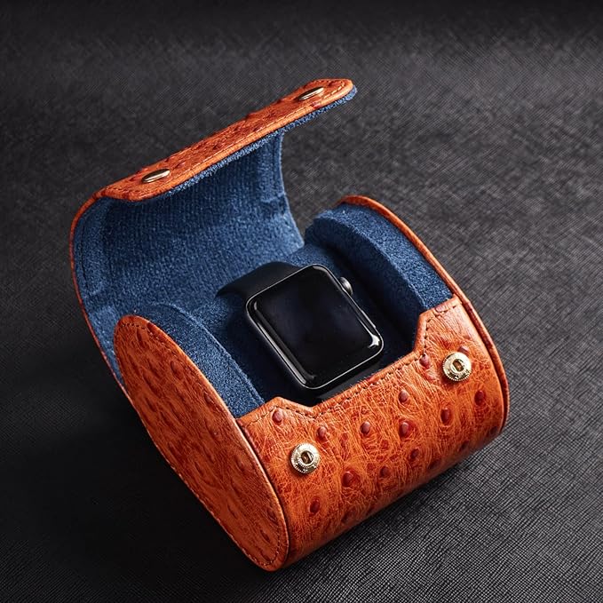 Genuine Napa Leather Watch Roll Travel Case - Travel Watch Rolls and Leather Watch Display Cases with Velvet Interior - Watch Storage Organizer Men's By CALIBERWATCH (Cognac - Single)