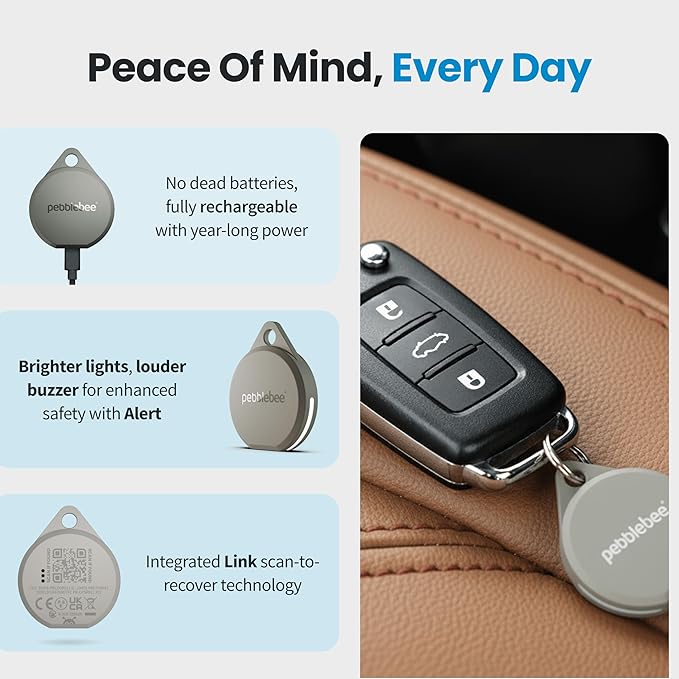 Pebblebee Clip 5 | Rechargeable Bluetooth Tracker Tag for Keys | Alternative to Air Tag & Android Trackers | 130 dB Siren, Bright LED Strobe, 12-Month Battery, Alert Safety Mode | Emerald Storm