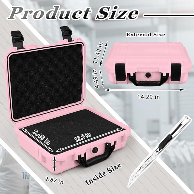 1 Pcs 14.3 x 11.4 x 4.5 Inch Waterproof Hard Case with DIY Customizable Foam Insert Portable Protective Case with Knife for Camera Drones Equipments Tools Test Instruments (Pink)