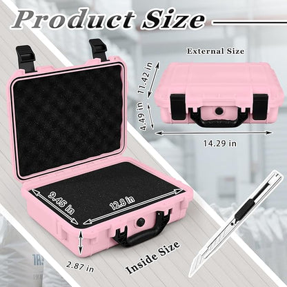 1 Pcs 14.3 x 11.4 x 4.5 Inch Waterproof Hard Case with DIY Customizable Foam Insert Portable Protective Case with Knife for Camera Drones Equipments Tools Test Instruments (Pink)
