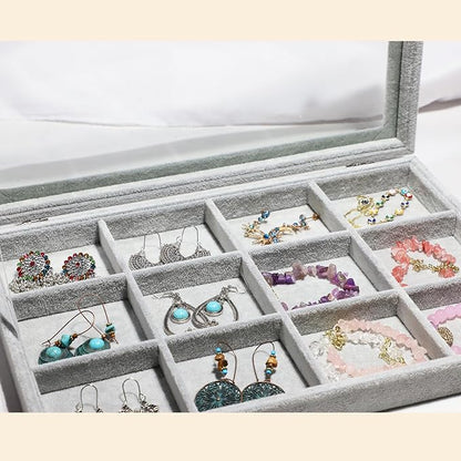 Stratalife Jewelry Holder Organizer Jewelry Organizer Box Bracelet Storage Velvet Jewelry Tray with Clear Lid Jewelry Drawer Organizer Jewelry Display Tray 12 Grid Grey