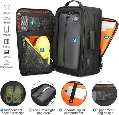 Vacuum Compression Backpack with Pump, Extra Large Capacity 45L Expandable Travel Backpack, Water Resistant 17.3" Laptop Backpack with USB Charging Port for Men & Women