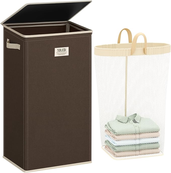 SOLEDI Laundry Hamper with Lid 100L Large & Tall Collapsible Laundry Basket, Clothes Hamper with Bag Removable Easy to Carry, Dirty Hampers for Bedroom, Bathroom, Dorm, College, Chocolate