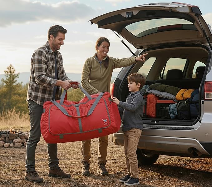 Bago Large Foldable Duffel Bags for Traveling Women & Men - 120L Packable Duffle Bag for Travel with Shoe Compartment - Water Repellant, Heavy Duty, Lightweight Folding & Collapsible (Red)