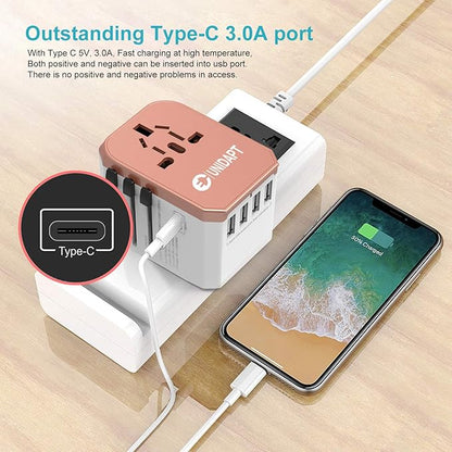 International Plug Adapter, Unidapt Travel Adapter Worldwide - All in one Universal Charger USB Travel Power Adaptor with 5 USB for EU AU UK USA - 160 Countries (Rose Gold)
