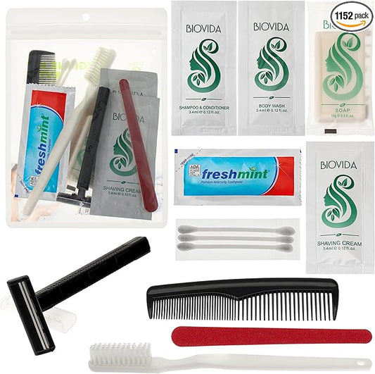 Moda West 96 Hygiene Kits – Bulk Case of Wholesale Basic Toiletry Kits for Men, Women, Travel, Charity 12 Pc Kit, Unisex, Compact Travel Essentials, Ideal for Donations Homeless Shelters Bathroom