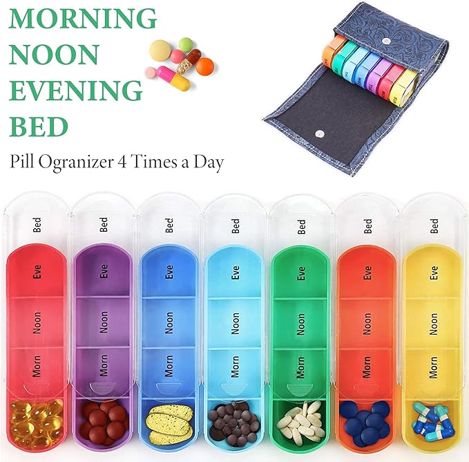 Pill Organizer,LIZIMANDU Weekly Travel Pill Case Box Medication Reminder Daily AM PM, Day Night 7 Compartments,for 4 Times A Day, 7 Days a Week-Includes Leather PU Carrying Case(1-Carved Blue2)