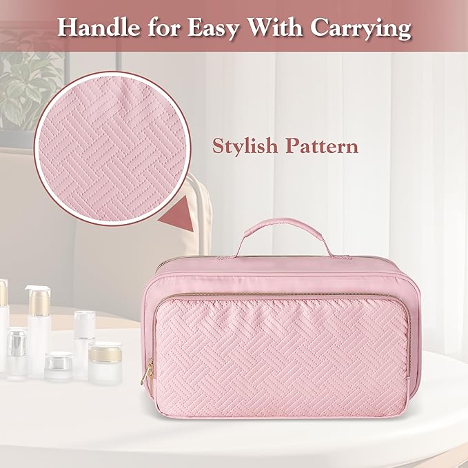 Fasrom Travel Makeup Bag for Women, Large Capacity Cosmetic & Toiletry Organizer Case, Make Up Storage Bags with Handle, Portable Pouch for Travel Essentials, Pink (Empty Bag Only)