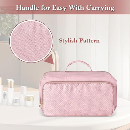 Fasrom Travel Makeup Bag for Women, Large Capacity Cosmetic & Toiletry Organizer Case, Make Up Storage Bags with Handle, Portable Pouch for Travel Essentials, Pink (Empty Bag Only)