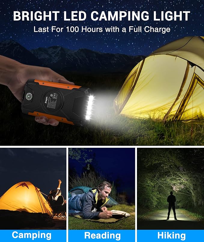 Solar Charger Power Bank -38600mAh Solar Phone Charger Built in 3 Cables Waterproof Outdoor External Battery Pack with 4 Outputs 2 Inputs USB C 15 W Powerbank with Camping Light Compass