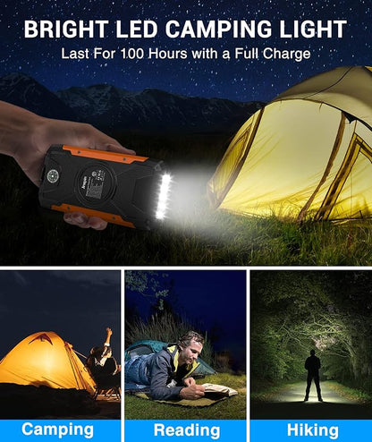 Solar Charger Power Bank -38600mAh Solar Phone Charger Built in 3 Cables Waterproof Outdoor External Battery Pack with 4 Outputs 2 Inputs USB C 15 W Powerbank with Camping Light Compass