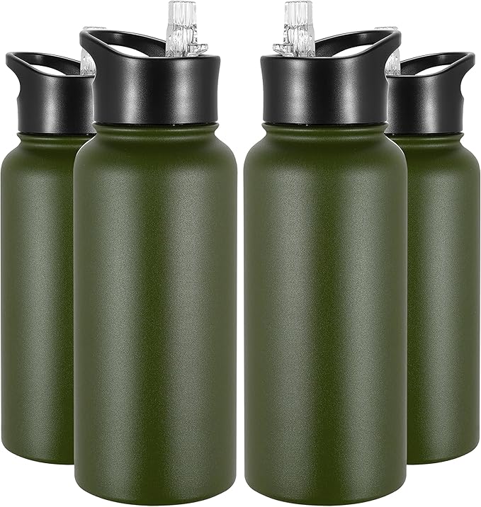 VEGOND 32 oz Insulated Water Bottle Bulk Stainless Steel Metal Water Bottles with Leak Proof Straw Lid & Spout Lid, Wide Mouth Double Walled Vacuum Travel Sports Bottle, 4 Pack