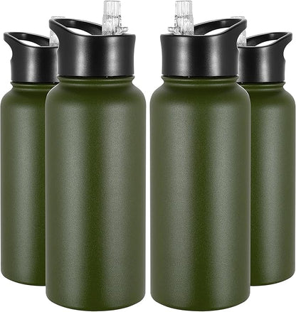VEGOND 32 oz Insulated Water Bottle Bulk Stainless Steel Metal Water Bottles with Leak Proof Straw Lid & Spout Lid, Wide Mouth Double Walled Vacuum Travel Sports Bottle, 4 Pack