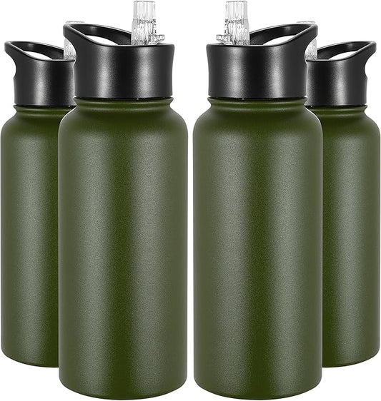 VEGOND 32 oz Insulated Water Bottle Bulk Stainless Steel Metal Water Bottles with Leak Proof Straw Lid & Spout Lid, Wide Mouth Double Walled Vacuum Travel Sports Bottle, 4 Pack