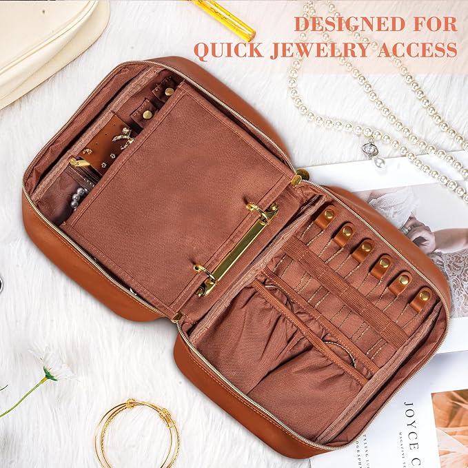 Leather Travel Jewelry Case Organizer,Jewelry Storage Book Binder with Clear Zipper Pouch & Lining-Portable Jewelry Bag for Earrings,Rings,Necklaces,Bracelets (Brown)