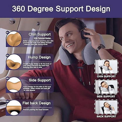 Travel Neck Pillow for Airplane – 100% Pure Memory Foam Neck Support Pillow with Breathable & Washable Cover, Fleight Kit with 3D Contoured Eye Mask, Earplugs & Carry Bag for Comfortable Sleep
