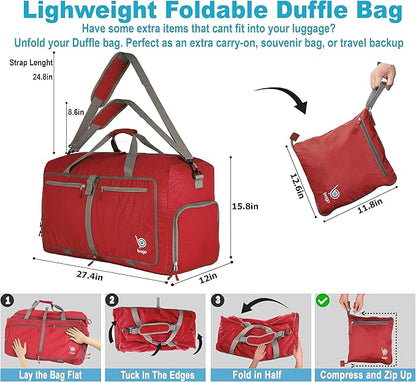 Bago Large Foldable Duffel Bags for Traveling Women & Men - 80L Packable Duffle Bag for Travel with Shoe Compartment - Water Repellant, Heavy Duty, Lightweight Folding & Collapsible (Red)
