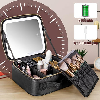 Makeup Travel Train Case with Mirror LED Light 3 Adjustable Brightness Large Cosmetic Bag Portable Storage Adjustable Partition Waterproof Makeup Brushes Make up Jewelry Gift for Women