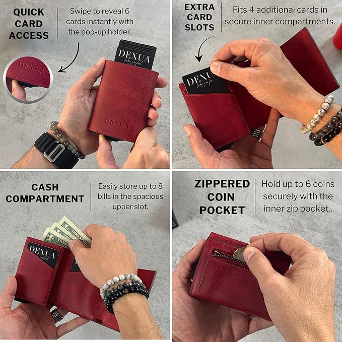 Mens Wallet, Genuine Leather Trifold Wallet with Pop-Up Card Holder, RFID Blocking, Card Slots, Cash & Coin Compartments, Magnetic Closure, Christmas Gift Ready Gift Box Included