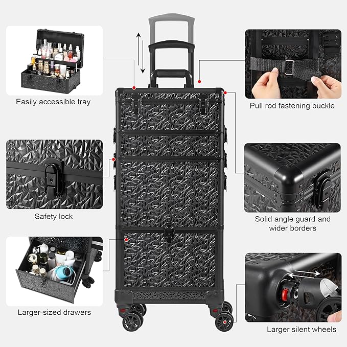 Rolling Makeup Case with Large Drawer, Makeup Train Case with Tray, Cosmetology Case on Wheels, Travel Makeup Case Organizers, Professional for Salon Barber, Nail, Tattoo, Black