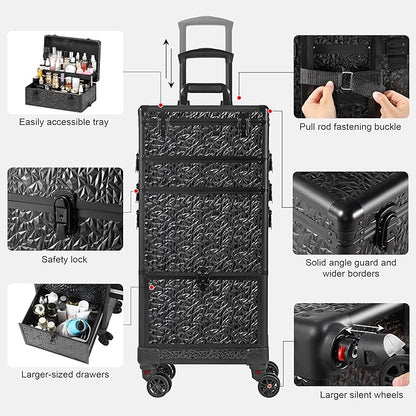 Rolling Makeup Case with Large Drawer, Makeup Train Case with Tray, Cosmetology Case on Wheels, Travel Makeup Case Organizers, Professional for Salon Barber, Nail, Tattoo, Black