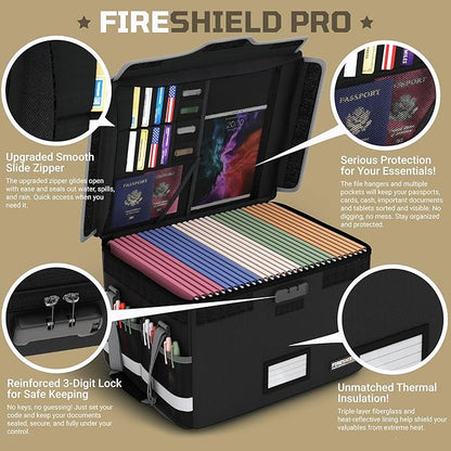 FIRESHIELD PRO 5200°F Fireproof Document Box with Lock – Portable Water Resistant File Organizer for Hanging/Legal Folders – Safe Storage for Home, Office or Travel – Black, Size: 16.1" x 12.9" x 11"