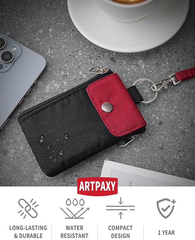 Minimalist Wallet For Mens Womens, Keychain RFID Blocking Zipper Small Wallet with ID Window 2 Lanyards,Water Resistant Travel Cash Card Coin Case Boys Girls