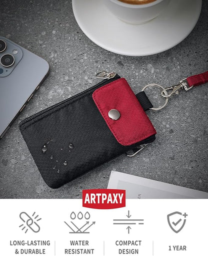 Minimalist Wallet For Mens Womens, Keychain RFID Blocking Zipper Small Wallet with ID Window 2 Lanyards,Water Resistant Travel Cash Card Coin Case Boys Girls