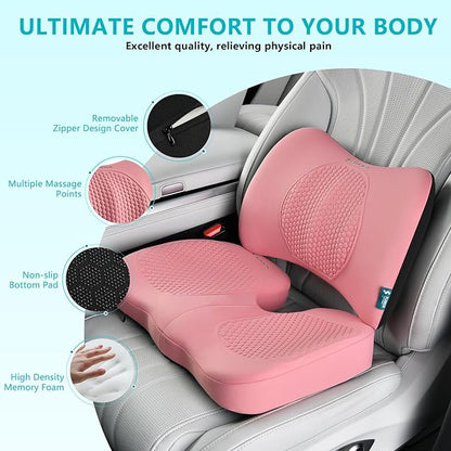 FLORICH Car Seat Cushion and Back Support for Office Chair Memory Foam Chair Cushions Pressure Relief Seat Pads with Gel Massage Point Lumbar Support (Light Pink)