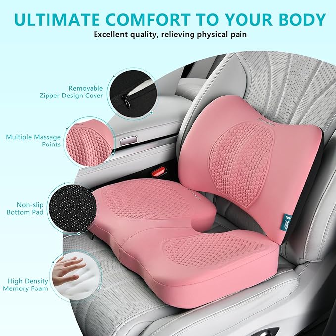 FLORICH Car Seat Cushion and Back Support for Office Chair Memory Foam Chair Cushions Pressure Relief Seat Pads with Gel Massage Point Lumbar Support (Pink)