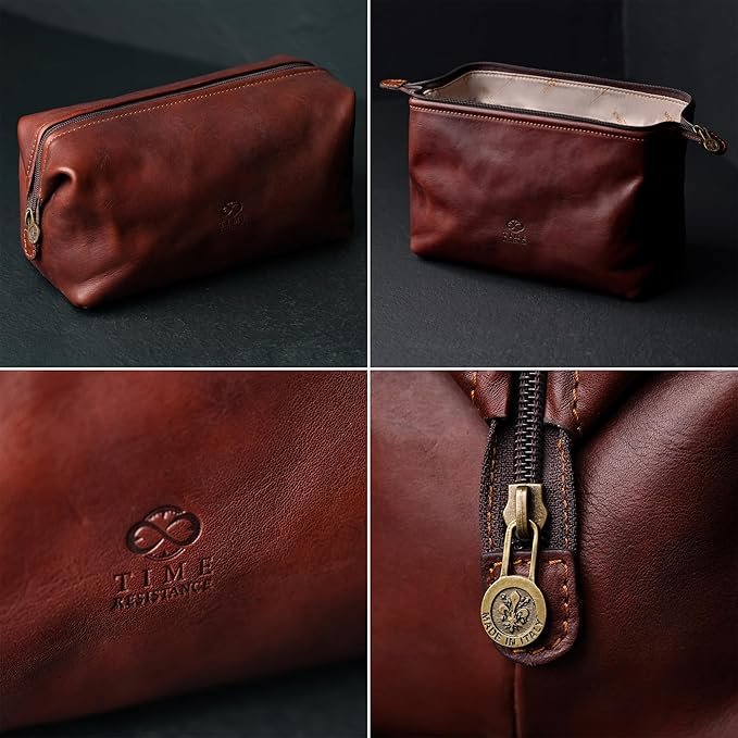 Time Resistance Leather Toiletry Bag Cosmetic Case Italian Classy Dopp Kit
