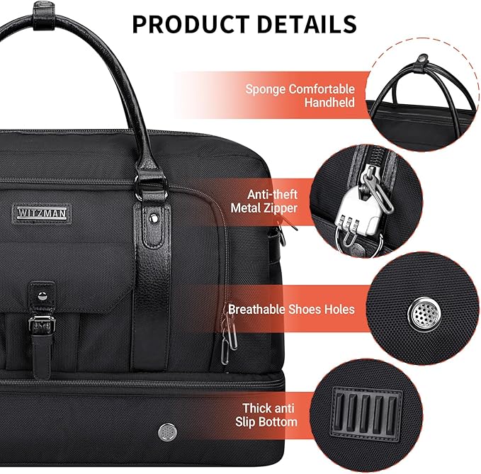 WITZMAN Weekender Bags for Men Women Carry On Duffle Overnight Bag with Toiletry Bag Sets Travel Duffel Bag Shoes Compartment （B694 Black）