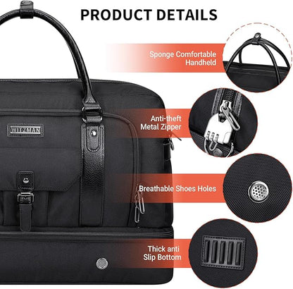 WITZMAN Weekender Bags for Men Women Carry On Duffle Overnight Bag with Toiletry Bag Sets Travel Duffel Bag Shoes Compartment （B694 Black）