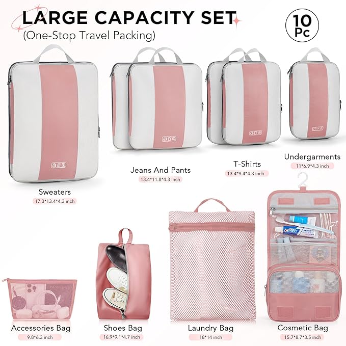 10 Set Compression Packing Cubes for Travel Essentials,Compressible Expandable Packing Cubes for Suitcase,OlarHike Luggage Organizer Bags for Travel,Handy Helper for Organizing Clothes(Light Coral)