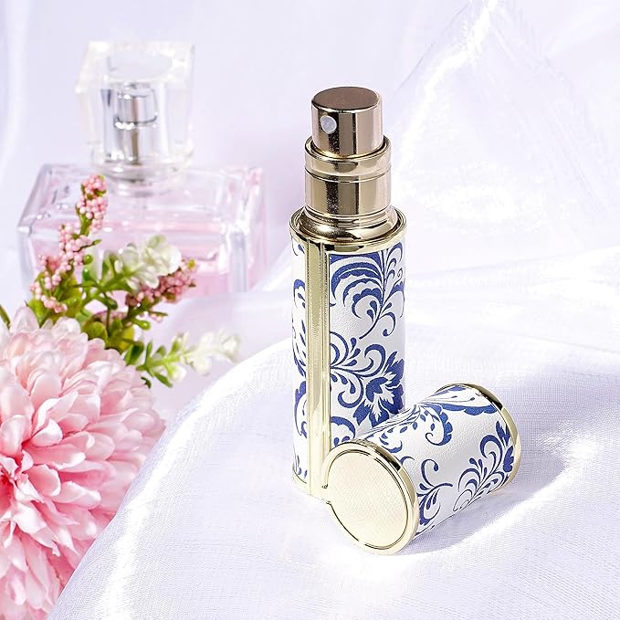 LUEXBOX Portable Perfume Bottle for Travel, Mini Refillable Perfume Dispenser, 5ml Faux Leather Leak Proof Perfume Atomizers, Blue and White Bottles Sprayer for Pocket Perfume (Blue Grass)